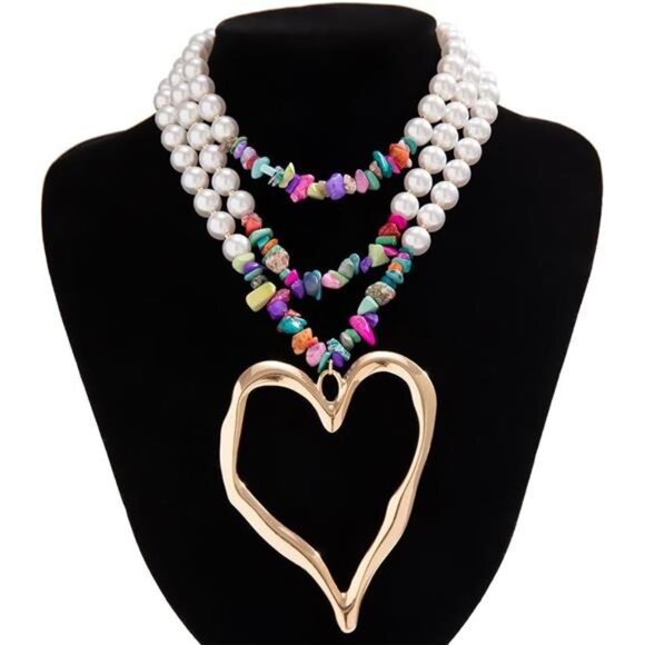 Y2K Pearls & Turquoise Necklace |Chunky Gold Heart Pendant, Long Beaded Layered - Picture 5 of 6